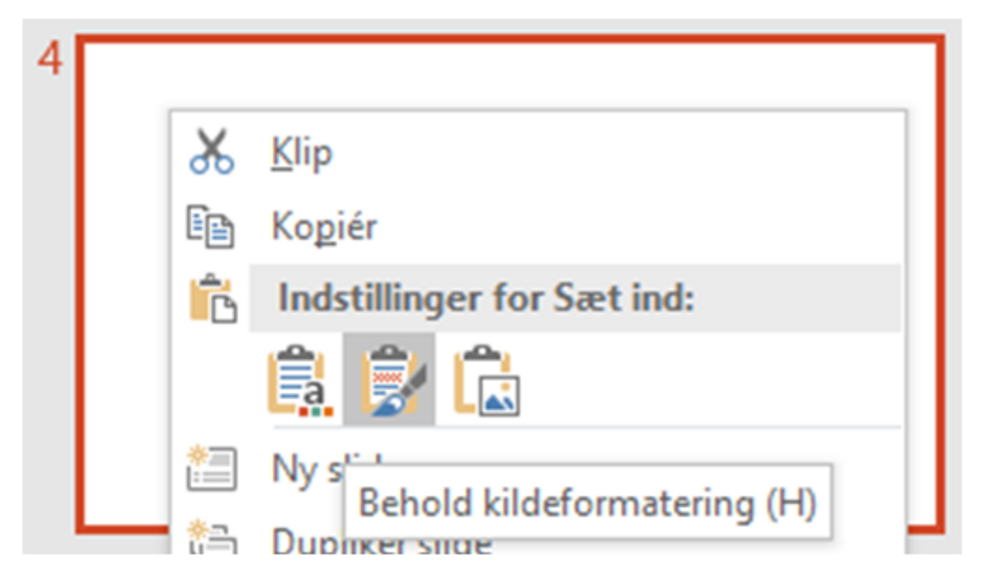 Skærmbillede af hvordan ordbogen kopieres ind i PowerPoint, brug ikonet "Behold kildeformatering (H)".