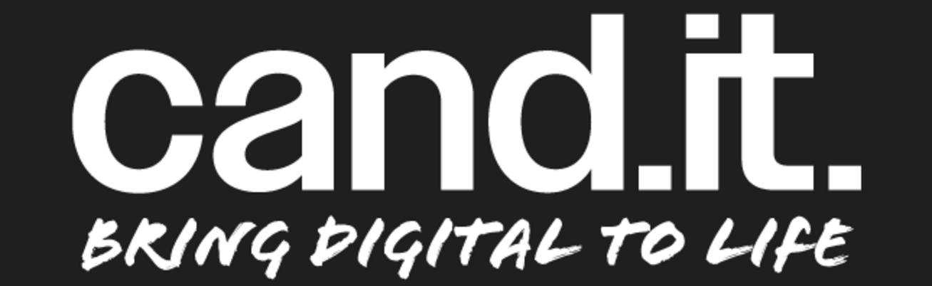 Logo "Cand.it. - bring digital to life", sort og hvid.