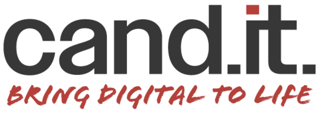 Logo "Cand.it. - bring digital to life", sort og rød.