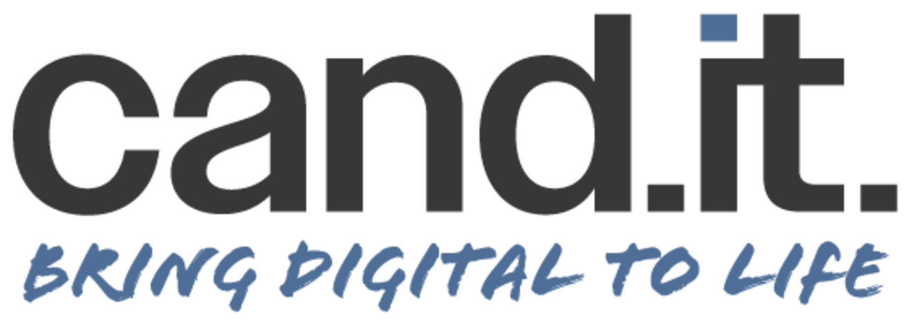 Logo "Cand.it. - bring digital to life", sort og blå.