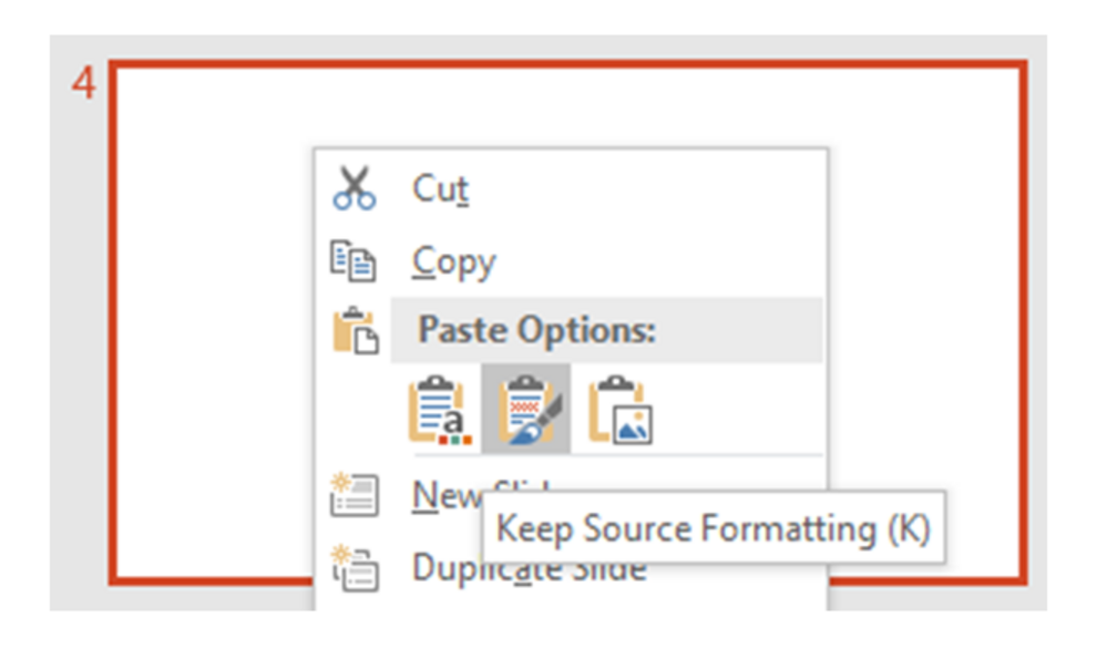 Screenshot of how to copy the dictionary into Powerpoint, select "Keep Source Formatting (K)".